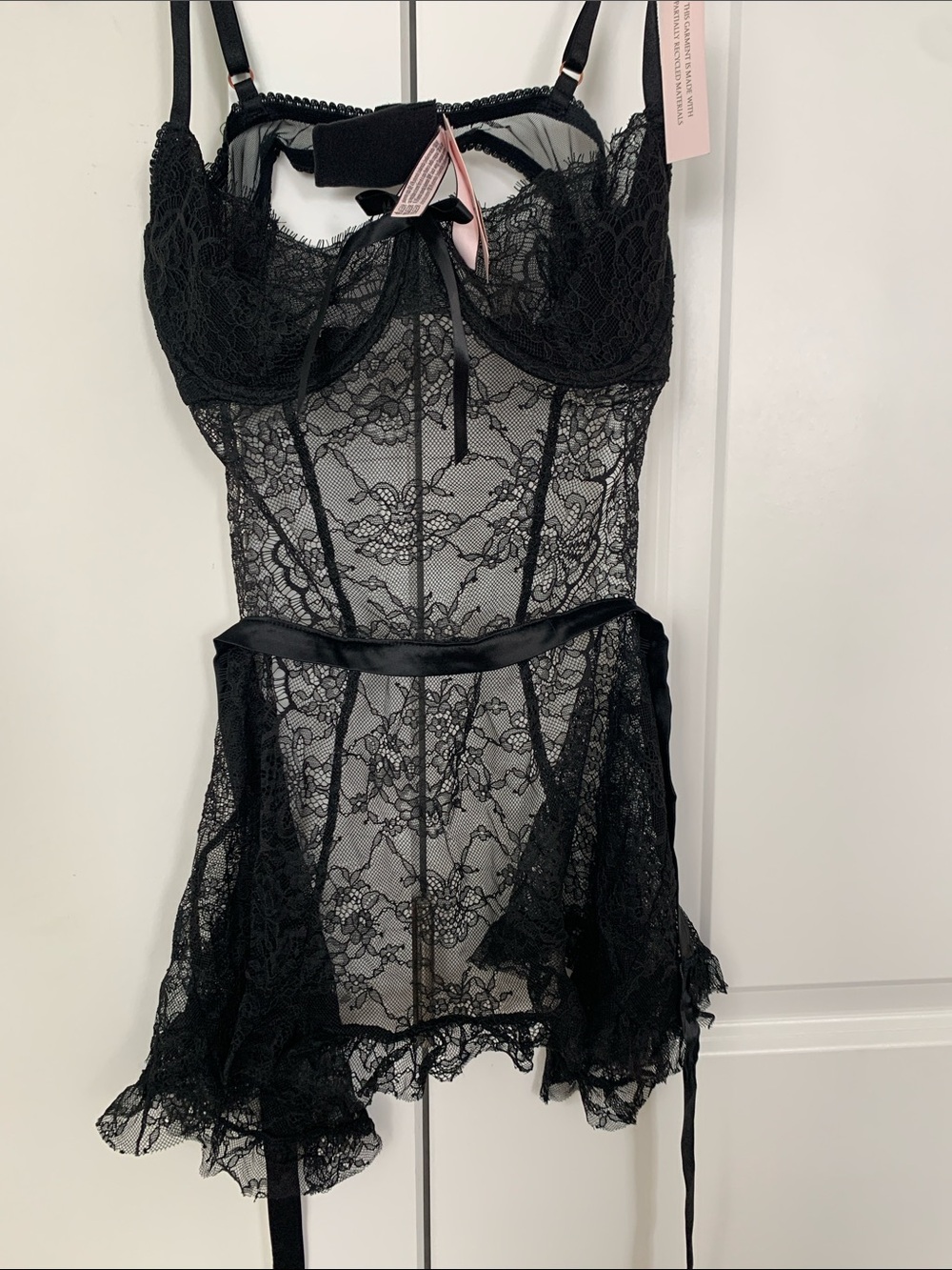 Victoria's Secret Black Lace Babydoll Chemise with Sheer Floral Lace